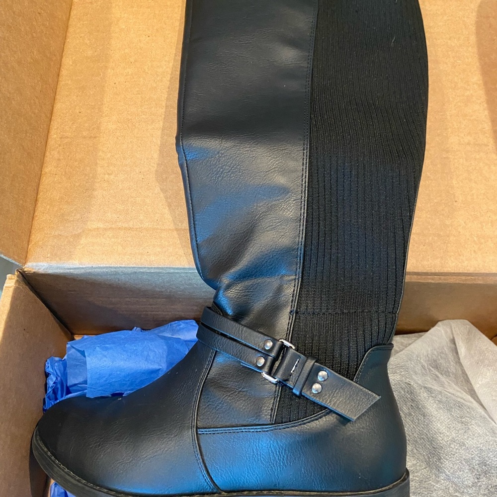 Women’s, Size 9, Black Knee-High Boots with Buckle Detail, synthetic material